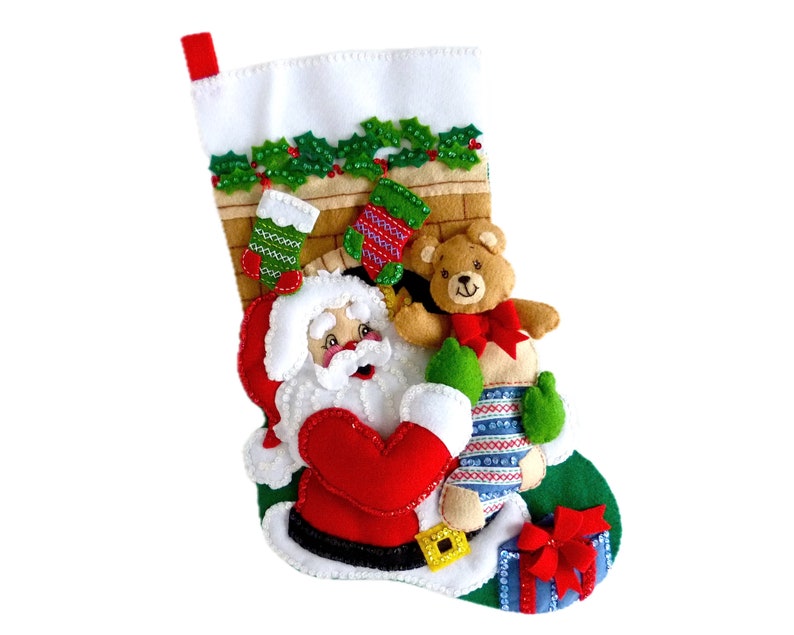 Finished Bucilla Christmas Stocking Stocking Stuffer Handmade Felt Appliqué Holiday Sock Santa Bear for Family Boy or Girl Completed image 1