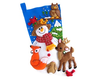 Handmade Christmas Stocking - Snowman's Woodland Friends - 3D Plush Felt Holiday Sock - For Boy, Girl, Family Animal Lover