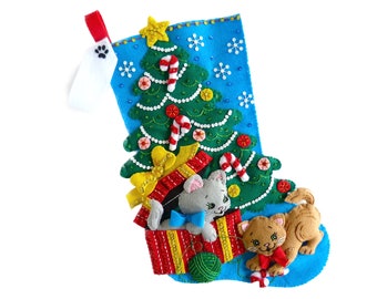 Finished Bucilla Christmas Stocking - The Pawfect Gift - Handmade 3D Plush Felt Stocking  for Pet Cat Lover, Boy or Girl, Completed