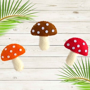 Handmade Felt Mushroom Ornament - Set of 3 - Summer, Garden Decor - Bowl Fillers - Orange Red Brown