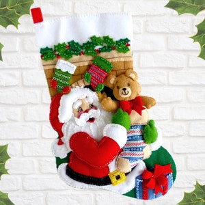 Finished Bucilla Christmas Stocking Stocking Stuffer Handmade Felt Appliqué Holiday Sock Santa Bear for Family Boy or Girl Completed image 2