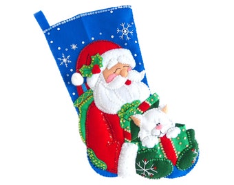 Handmade Felt Christmas Stocking - Santa and Kitty - For Family, Boy, or Girl, Cat or Pet Lover - Completed Felt Works Dimensions