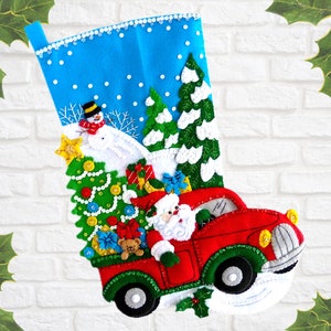 Finished Bucilla Christmas Stocking The Christmas Drive Handmade Felt 3D Plush Holiday Sock Santa, Truck, Tree, for Boy Girl Dad image 2