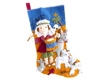 Finished Bucilla Felt Christmas Stocking - Drummer Boy - Handmade 3D Plush Holiday Sock - For Family, Boy, Girl, Nativity Donkey Sheep