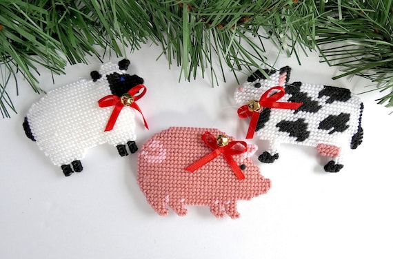 Cow,Pig-Plastic Canvas Pattern or Kit Christmas Animal Stocking Ornaments-Hippo
