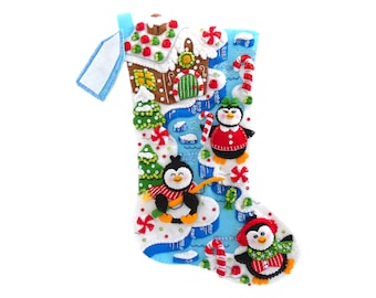 Finished Bucilla Christmas Stocking - Winter Land Penguins - Handmade 3D Plush Felt Sock  - For Boy Girl Family