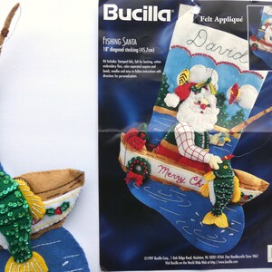 Finished Bucilla Christmas Stocking Fishing Santa Handmade Felt 3D Plush Appliqué Sock for Dad Husband Fisherman Completed image 7