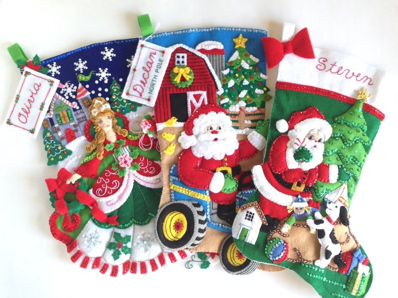 Finished Bucilla Christmas Stocking Fishing Santa Handmade Felt 3D Plush Appliqué Sock for Dad Husband Fisherman Completed image 9