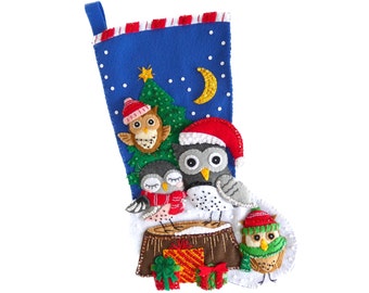 Handmade Felt Christmas Stocking - Festive Owls - Personalized - 3D Plush - Completed Merry Stockings - For Boy, Girl, or Family