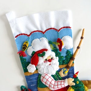 Finished Bucilla Christmas Stocking Fishing Santa Handmade Felt 3D Plush Appliqué Sock for Dad Husband Fisherman Completed image 3