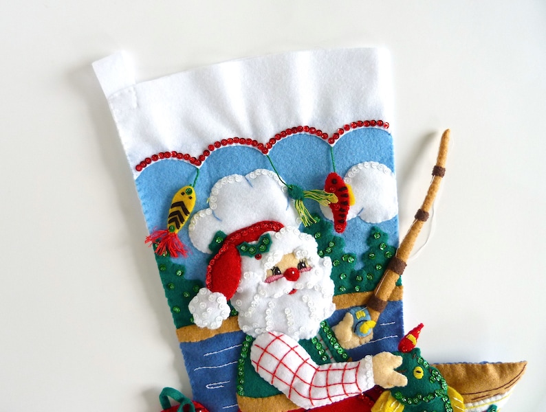 Finished Bucilla Christmas Stocking Fishing Santa Handmade Felt 3D Plush Appliqué Sock for Dad Husband Fisherman Completed image 3