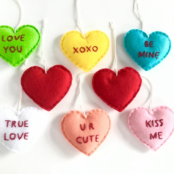 Conversation Heart Ornaments or Bowl Fillers - Handmade Felt Heart Ornament - Valentine's Day Decoration