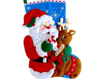 Finished Bucilla Christmas Stocking - Santa and Reindeer - Jumbo Stocking - Handmade 3D Plush Felt - For Family Girl Boy - Completed