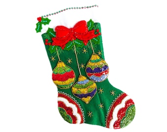 Finished Bucilla Christmas Stocking - Jeweled Ornaments - Handmade 3D Plush Felt Holiday Sock - For Family, Boy, Girl,