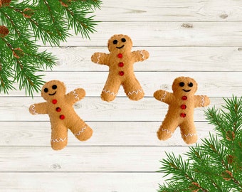 Handmade Felt Gingerbread Man Ornaments or Bowl Fillers - Set of 3 - For Christmas, Winter Decor, Tree, Wreath, or Garland