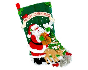 Finished Bucilla Christmas Stocking - Christmas Feast - Handmade Felt 3D Plush Sock - Completed for Boy or Girl - Santa Feeding Birds