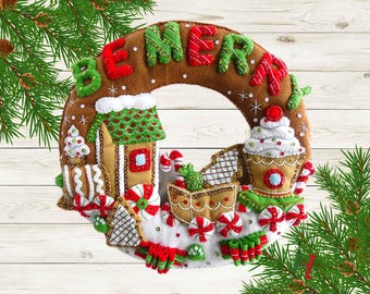 Finished Bucilla Felt Christmas Wreath - Gingerbread Express Train - Completed Hand Embroidered Plush Holiday Wreath
