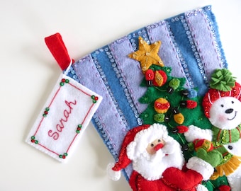 Personalized Christmas Stocking Name Tag - Handmade Felt Embroidered Label
