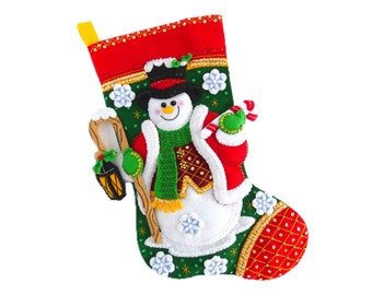 Finished Bucilla Christmas Stocking - Light Up the Holidays  - Handmade 3D Plush Felt Holiday Sock - with Snowman For Family, Boy, Girl,