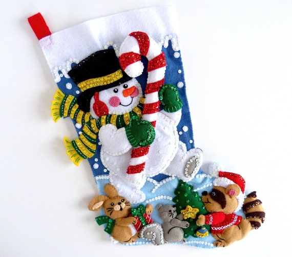 CUSTOM HANDMADE Finished Bucilla In the Spirit Snowman Handmade Christmas Stocking #84594 Woodland Animals Candy Cane Sequins Beads Oh My!