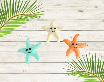 Handmade Felt Smiling Starfish Ornaments - Set of 3 - Summer Coastal Beach Decor - Small, Little