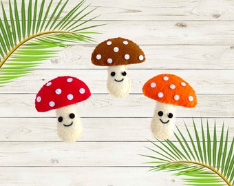 Handmade Felt Smiling Mushroom Ornaments - Set of 3 - Summer or Garden Decor - Bowl Fillers - Orange Red Brown