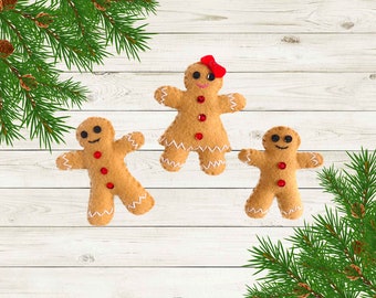 Handmade Felt Gingerbread Man Family Ornaments - Set of 3 - Man, Woman, Boy - For Christmas Winter Decor Tree, Garland, or Wreath