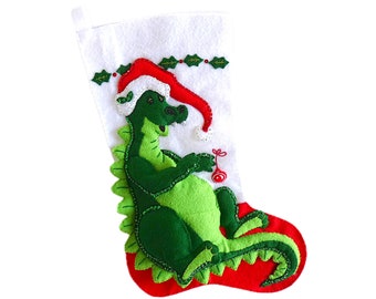 Finished Bucilla Christmas Stocking - Dinosaur Santa - Handmade 3D Plush Felt Stocking - for Boy or Girl Dinosaur lover - Completed