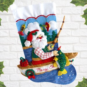 Finished Bucilla Christmas Stocking Fishing Santa Handmade Felt 3D Plush Appliqué Sock for Dad Husband Fisherman Completed image 2