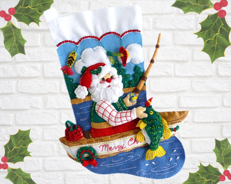 Finished Bucilla Christmas Stocking Fishing Santa Handmade Felt 3D Plush Appliqué Sock for Dad Husband Fisherman Completed image 2