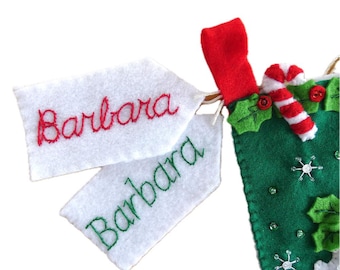 Personalized Christmas Stocking Label - Name Tag - Hand Embroidered Felt Gift Tag - Plain