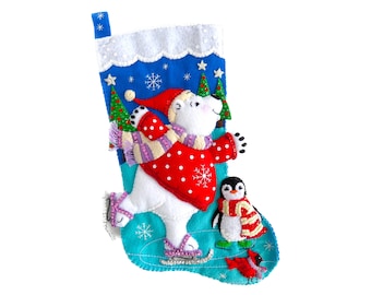 Handmade Felt Christmas Stocking - Ice Skating Polar Bear & Penguin - Winter Bliss - Finished MerryStockings Kit - For Family Boy Girl