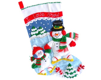 Finished Bucilla Felt Christmas Stocking - Snowman Skating - Handmade 3D Plush Holiday Sock - For Boy Girl Family