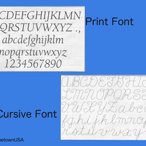 May include: A white sheet of paper with the alphabet in both print and cursive font. The print font is in a simple, sans-serif style. The cursive font is in a more traditional, flowing style. The words "Print Font" and "Cursive Font" are written in black at the top of the page.