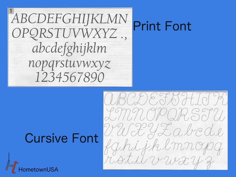 May include: A white sheet of paper with the alphabet in both print and cursive font. The print font is in a simple, sans-serif style. The cursive font is in a more traditional, flowing style. The words "Print Font" and "Cursive Font" are written in black at the top of the page.