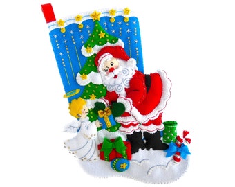 Finished Bucilla Felt Christmas Stocking - Santa's Gift - Handmade 3D Plush Holiday Sock - with Angel for Boy Girl