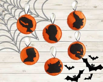 Felt Halloween Monster Ornaments or Bowl Fillers - Set of 6 - Round Shadow, Silhouette -  Vampire, Skull, Wolf, Witch - Handmade