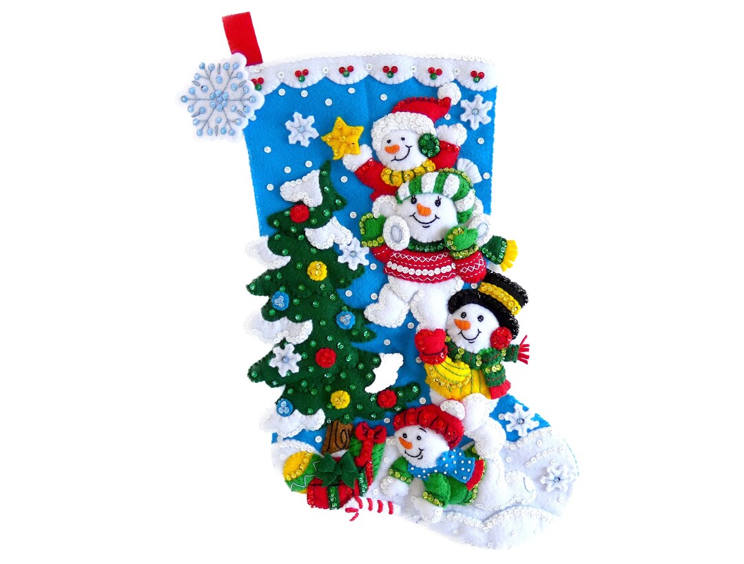 Finished Bucilla Christmas Stocking Teamwork Snowmen Handmade 3D Plush