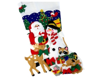 Finished Bucilla Felt Christmas Stocking - Santa and Frosty - Jumbo - Handmade 3D Plush - for Boy, Girl Family With Animals - Ready to Ship