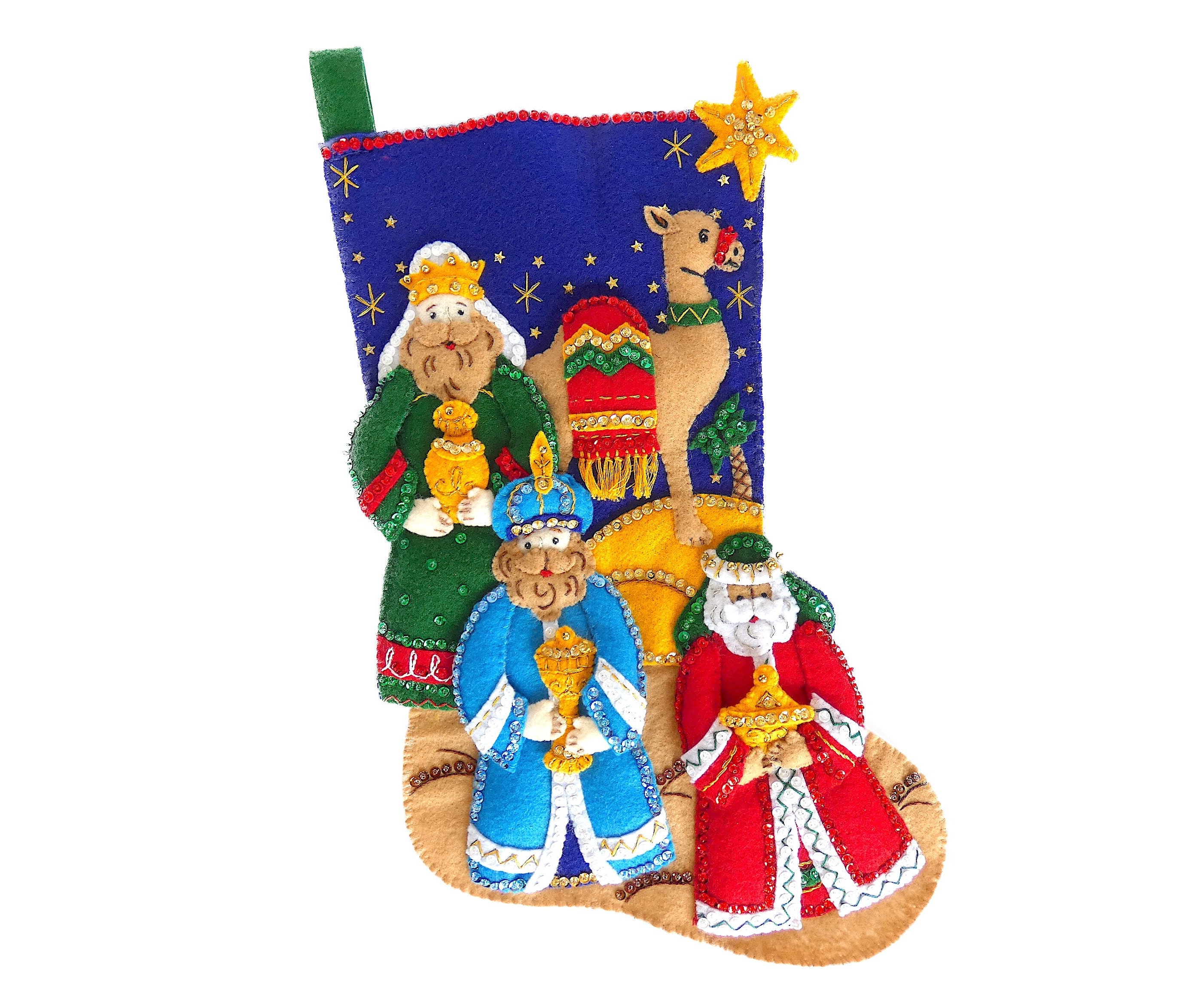 Finished Bucilla Christmas Stocking Three Wise Men Handmade 3D Plush Felt  Holiday Sock for Family Boy or Girl Magi Nativity Completed 