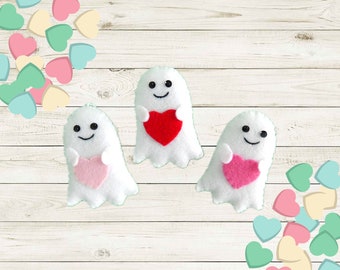 Handmade Felt Ghost Ornaments with Heart Icons - Set of 3 - for Tree or Other Decor - Smiling Ghost Bowl Fillers for Valentine's Day