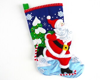 Finished Bucilla Christmas Stocking - Skating Santa - Handmade 3D Plush Holiday Sock - For Boy Girl Family