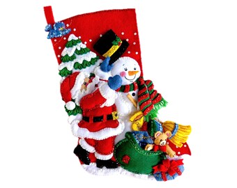 Finished Bucilla Christmas Stocking - Santa & Frosty - Handmade 3D Plush Felt Holiday Sock - For Boy Girl Family - Completed