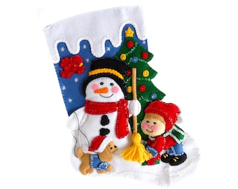 Finished Bucilla Christmas Stocking - Frosty and Friends - Handmade 3D Plush Felt Holiday Sock - For Boy, Girl, or Family Completed 15"