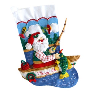 Finished Bucilla Christmas Stocking Fishing Santa Handmade Felt 3D Plush Appliqué Sock for Dad Husband Fisherman Completed image 1