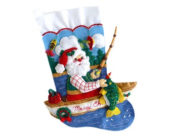 Finished Bucilla Christmas Stocking - Fishing Santa - Handmade Felt 3D Plush Appliqué Sock - for Dad Husband Fisherman Completed