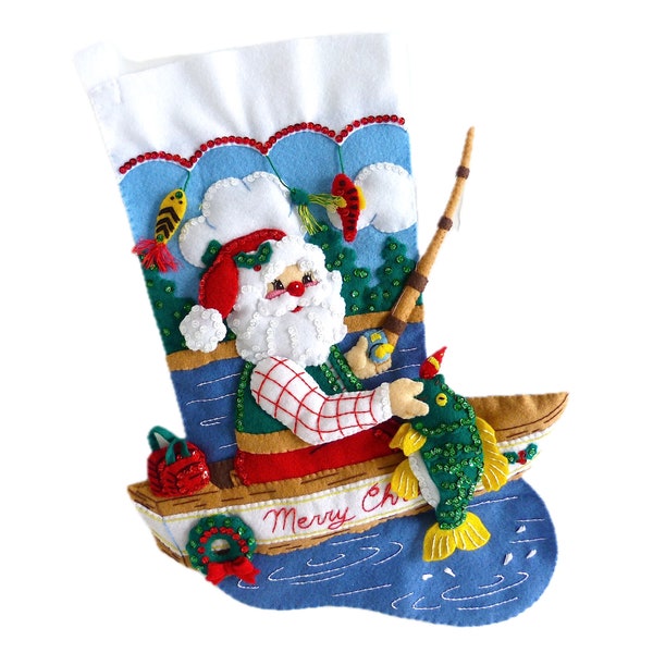 Finished Bucilla Christmas Stocking - Fishing Santa - Handmade Felt 3D Plush Appliqué Sock - for Dad Husband Fisherman Completed