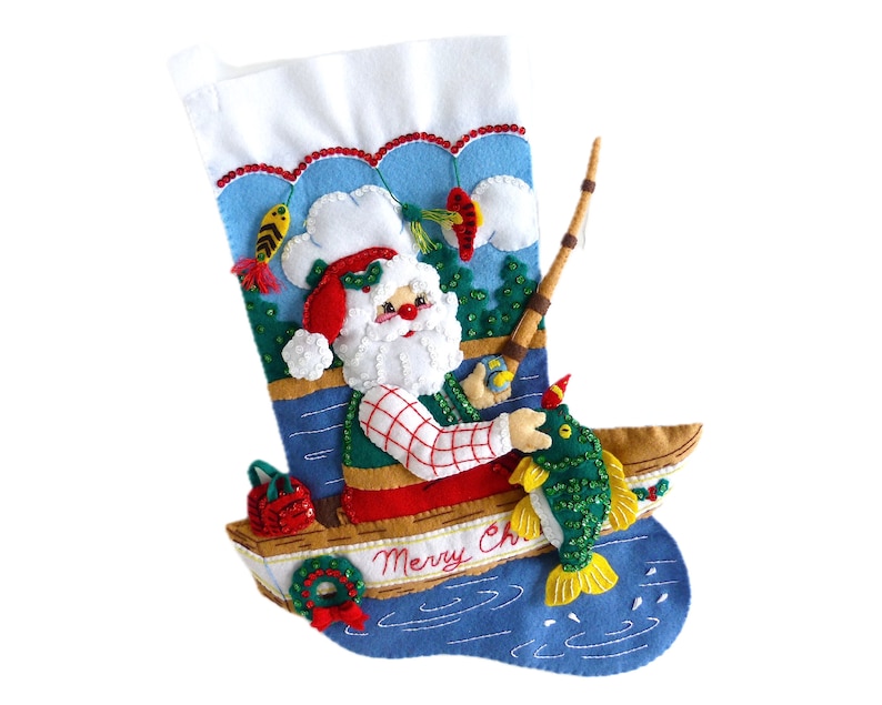 Finished Bucilla Christmas Stocking Fishing Santa Handmade Felt 3D Plush Appliqué Sock for Dad Husband Fisherman Completed image 1