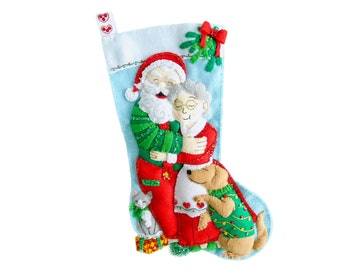 Handmade Felt Christmas Stocking - Mistletoe Moment - 3D Plush Stocking for Newlywed Couple Santa & Mrs. Clause - MerryStockings