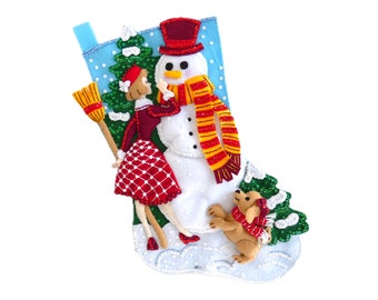 Finished Bucilla Christmas Stocking - Date with a Snowman - Handmade 3D Plush Felt Sock - for Mom Wife Family